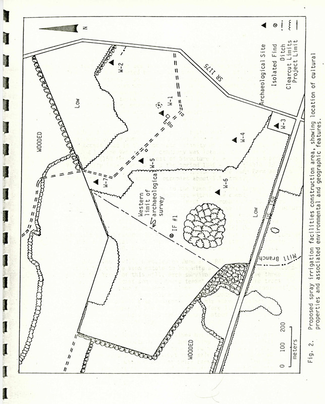 Map of the proposed spray irrigation facilities construction area at the Vann Farmstead. Part of the Carolina Archeological Services Cultural and Environmental Study of the Proposed Winton Spray Irrigation Facilty in 1981. 