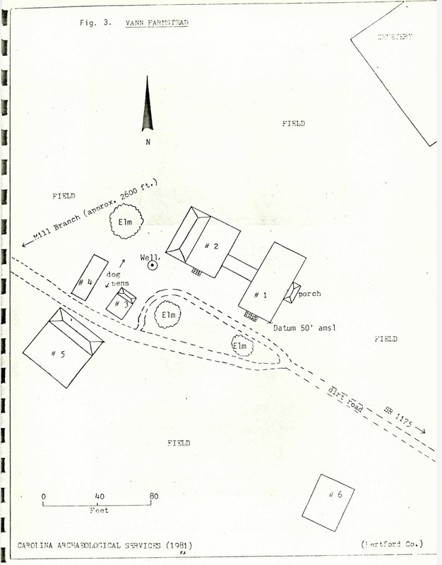 Map of the proposed spray irrigation facilities construction area at the Vann Farmstead. Part of the Carolina Archeological Services Cultural and Environmental Study of the Proposed Winton Spray Irrigation Facilty in 1981. 