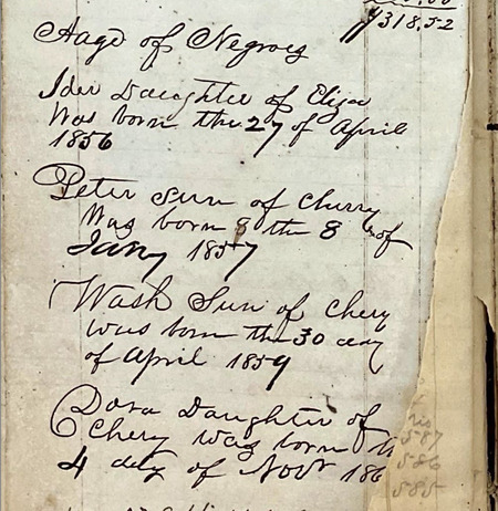 A page from John Vann’s mid-19th century account book records the births of enslaved children alongside everyday plantation transactions. These entries—brief, often fragmented—trace the lives of women like Celia, Cinthia, and Cherry, whose children were born into bondage.