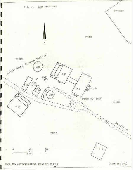 Map of the proposed spray irrigation facilities construction area at the Vann Farmstead. Part of the Carolina Archeological Services Cultural and Environmental Study of the Proposed Winton Spray Irrigation Facilty in 1981. 