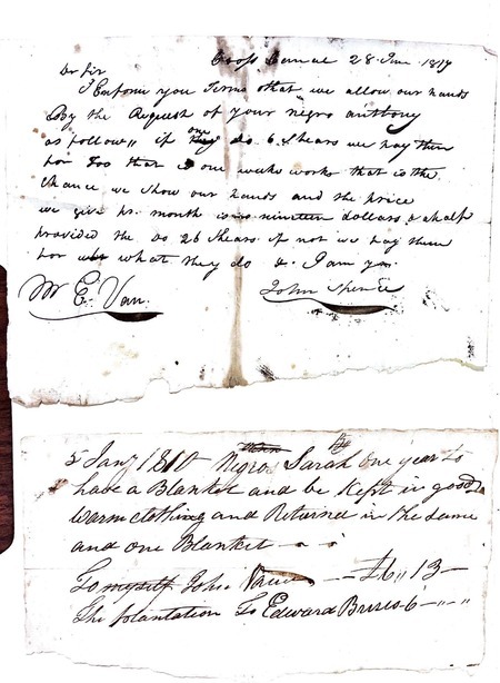 The Vanns hired enslaved people to labor for them. A woman named Sara was hired in 1810 by John Vann for one year. She was “to have a blanket and be kept in good warm clothing and returned in the same and one blanket”.